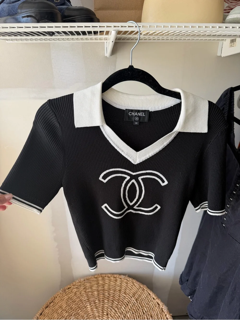 CHANEL Black and White Ribbed V-Neck Sweater
